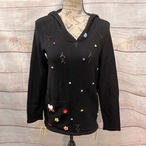 Elaris Hooded Sweater Black Embellished Floral Accents Drawstring Hem Size Small